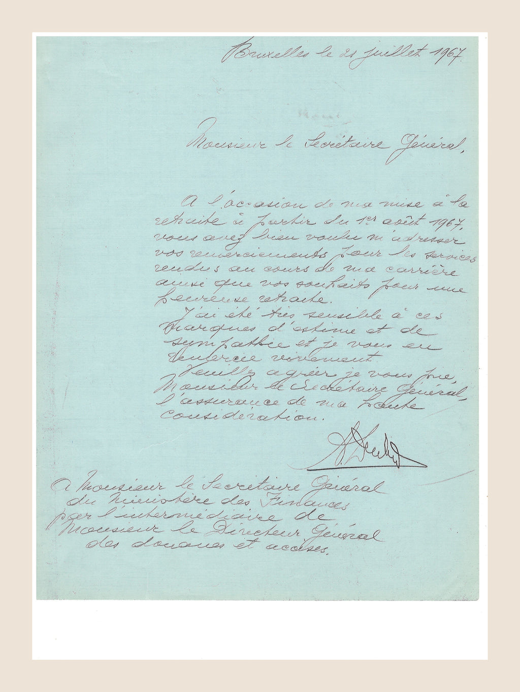 Handwritten 21 July 1967 retirement letter by Alexis Dubois to the Secretary General of the Belgian Ministry of Finance
