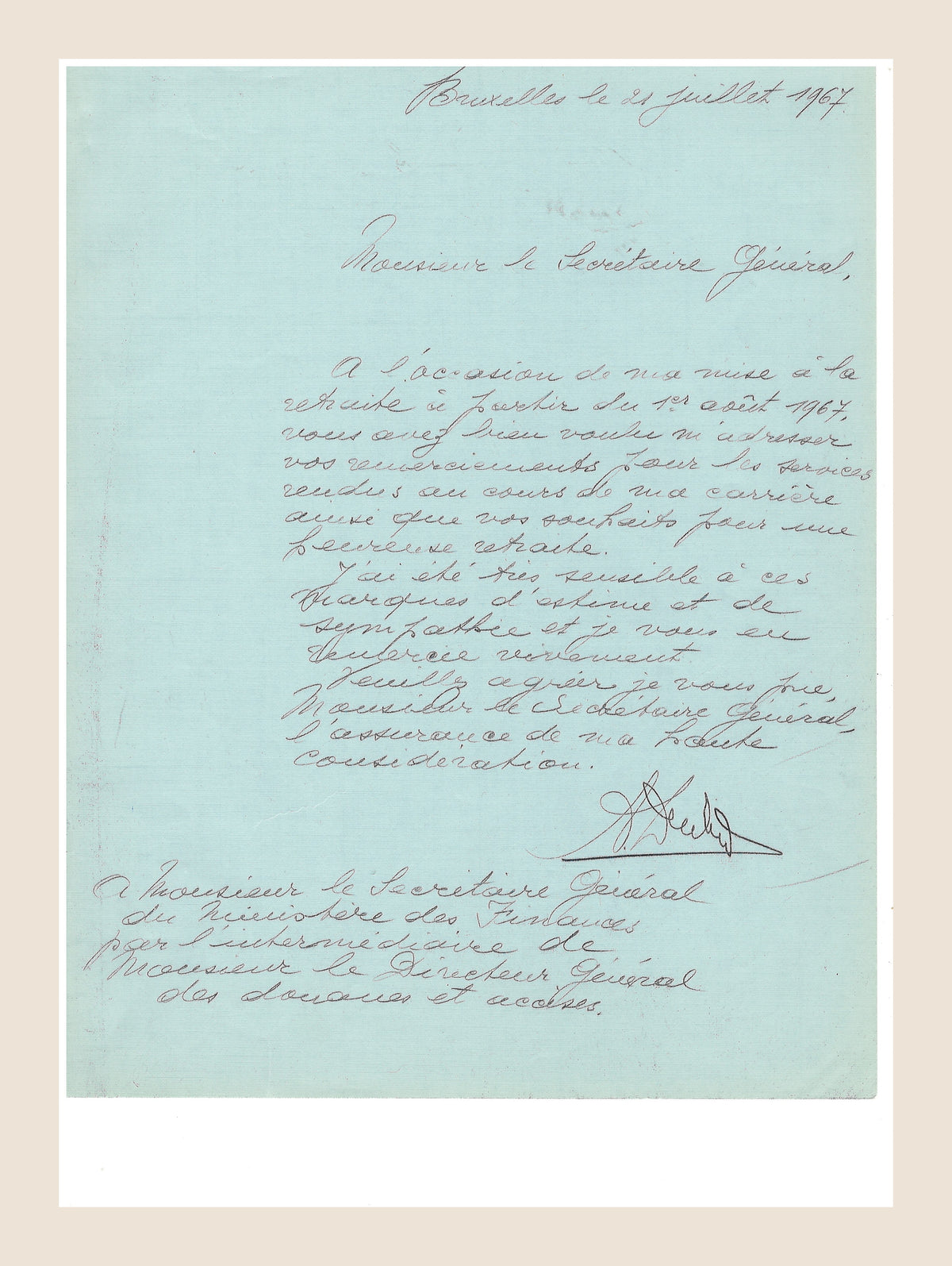 Handwritten 21 July 1967 retirement letter by Alexis Dubois to the Secretary General of the Belgian Ministry of Finance