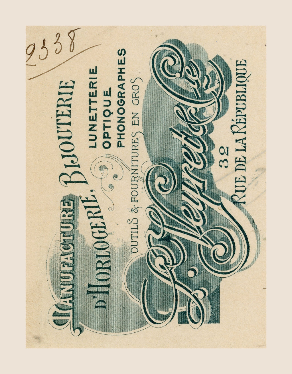 Close-up of ornate L. Veyret & Cie Lyon letterhead advertising watchmaking, jewellery, optics and phonographs