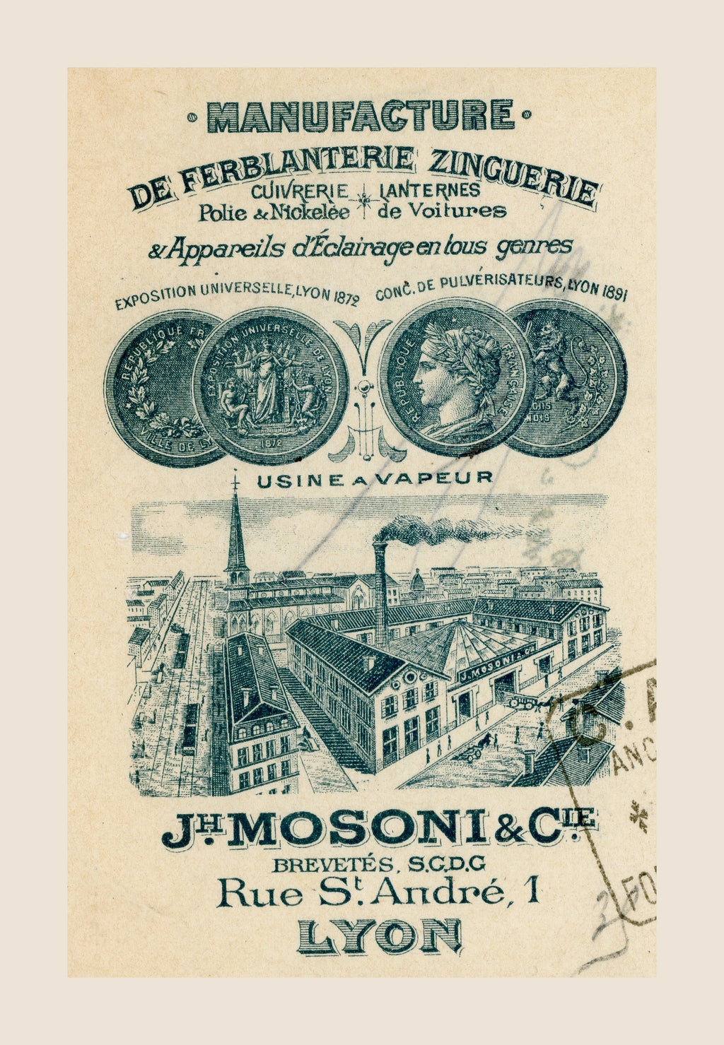 Close-up of J.H. Mosoni & Cie Lyon factory letterhead with medals and industrial engraving on 1903 French bill of exchange