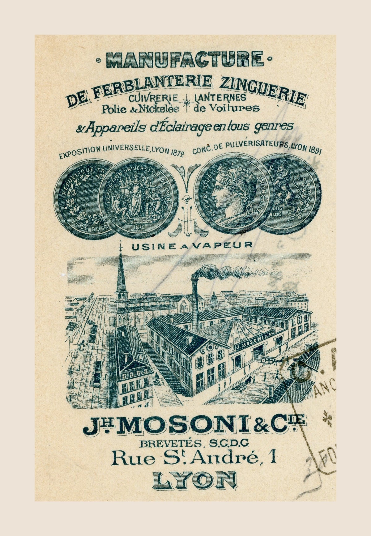 Close-up of J.H. Mosoni & Cie Lyon factory letterhead with medals and industrial engraving on 1903 French bill of exchange