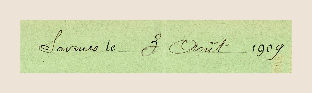 Close-up of the handwritten date "Savines le 3 Août 1909" on the antique French bill of exchange.