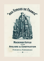 Antique industrial letterhead Aux Forges de France with machine tools illustration on 1909 French banking document