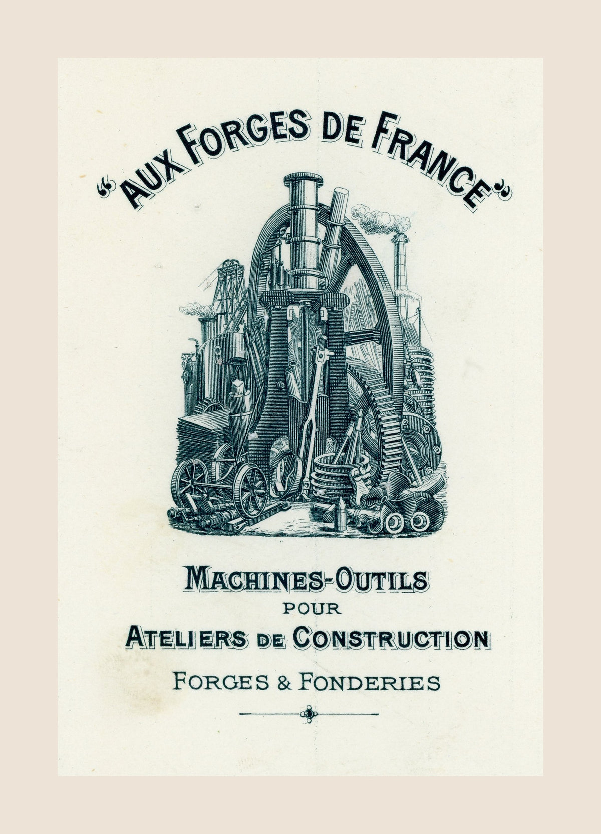 Antique industrial letterhead Aux Forges de France with machine tools illustration on 1909 French banking document