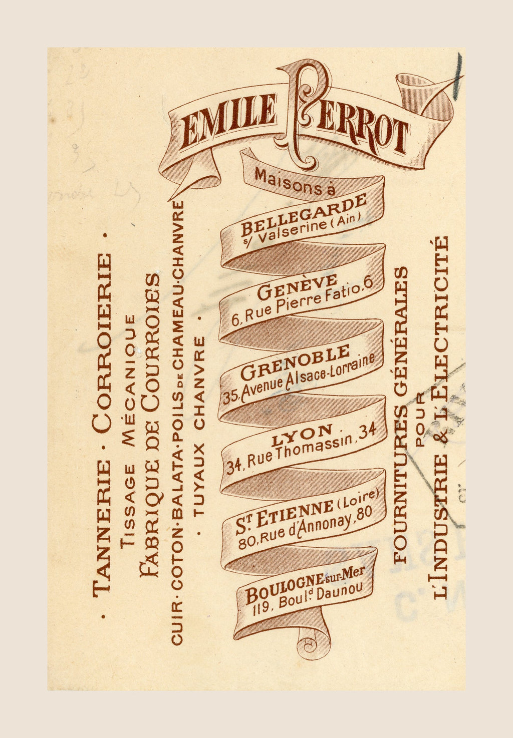 Detail of Emile Perrot illustrated letterhead on antique 1902 French bill of exchange from Bellegarde