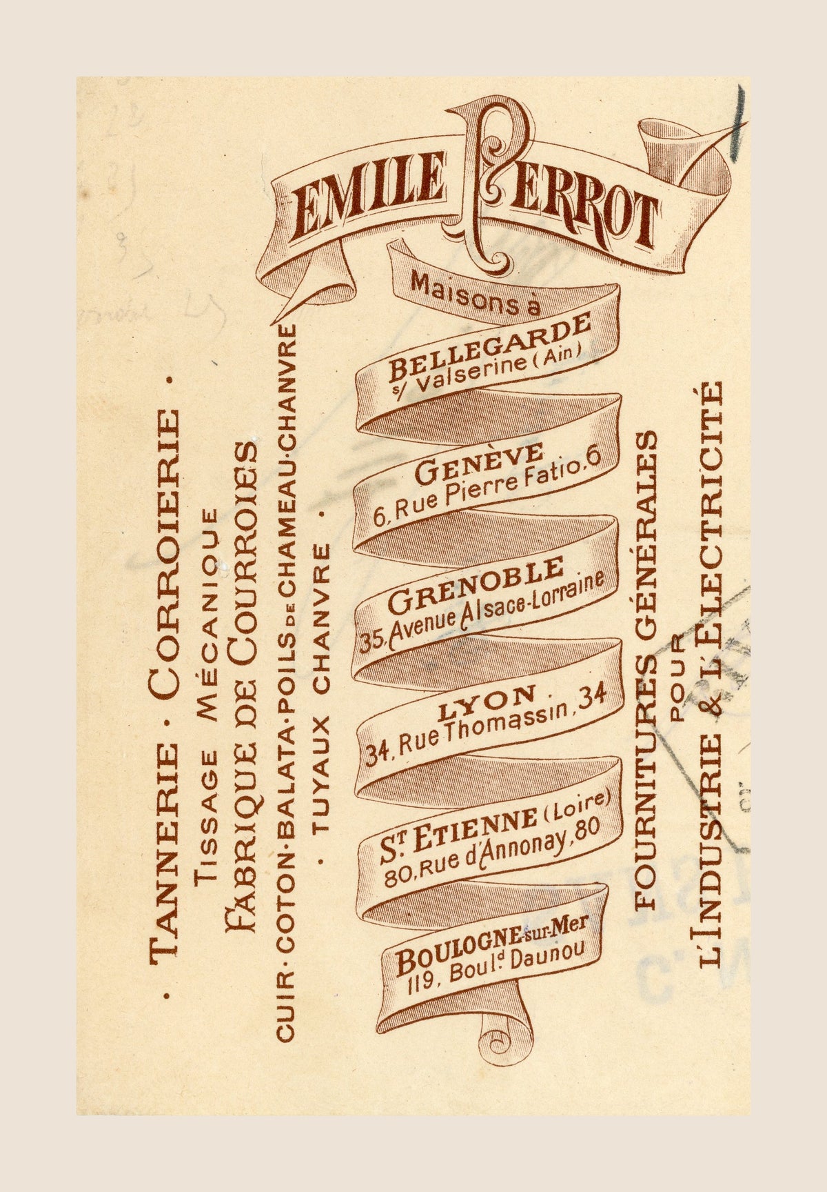 Detail of Emile Perrot illustrated letterhead on antique 1902 French bill of exchange from Bellegarde