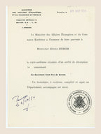 Belgian Ministry of Foreign Affairs letter transmitting Alexis Dubois's Order of the Oak Crown decoration papers, 30 September 1954