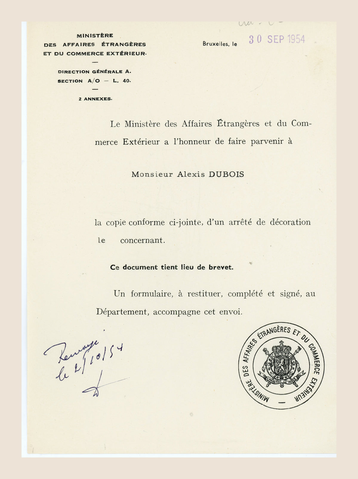 Belgian Ministry of Foreign Affairs letter transmitting Alexis Dubois's Order of the Oak Crown decoration papers, 30 September 1954