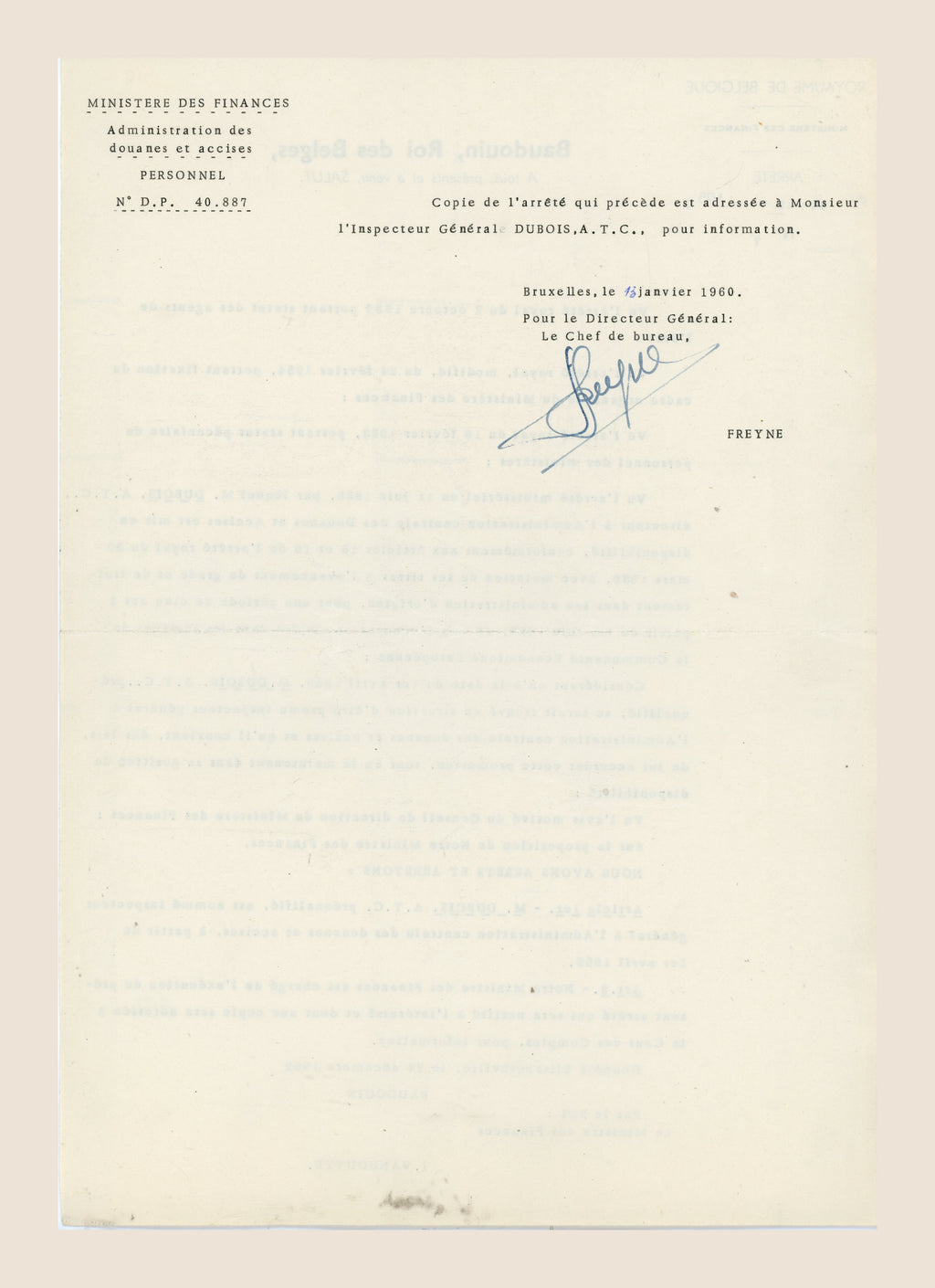 1960 Belgian Ministry of Finance notification letter sending Alexis Dubois a copy of the royal decree appointing him Inspector General