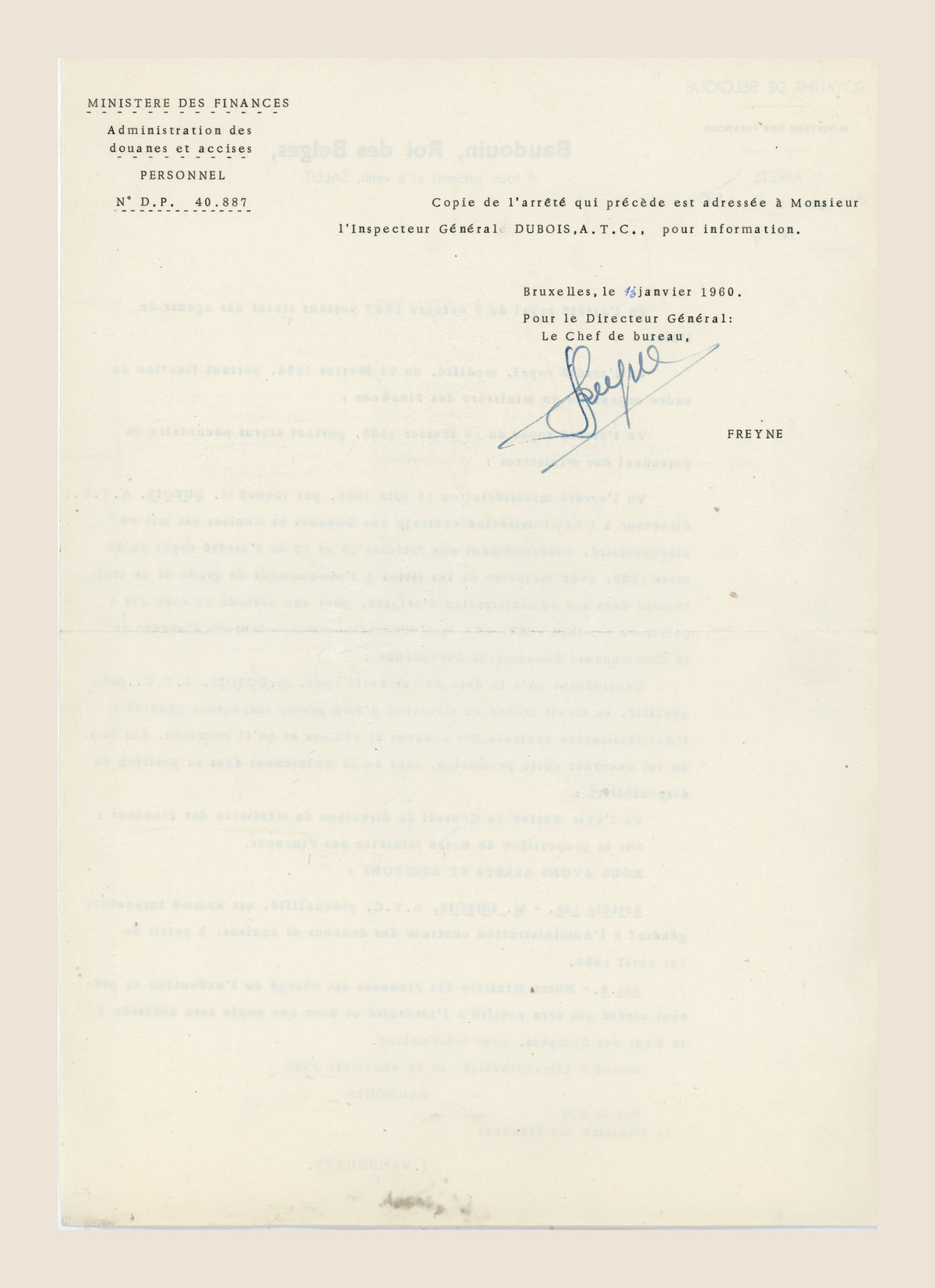 1960 Belgian Ministry of Finance notification letter sending Alexis Dubois a copy of the royal decree appointing him Inspector General