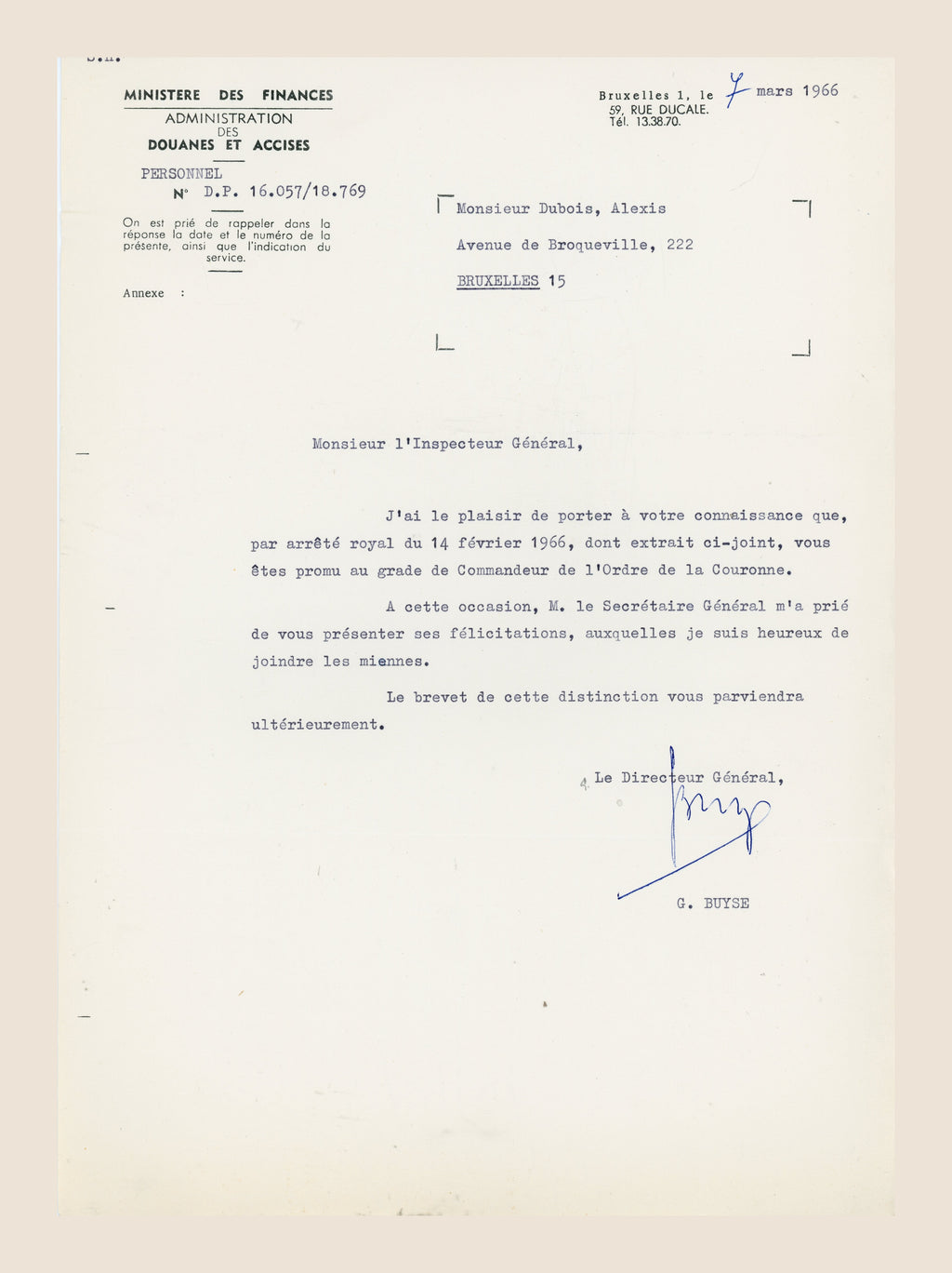 Belgian Customs letter dated 7 March 1966 informing Alexis Dubois of his Order of the Crown promotion