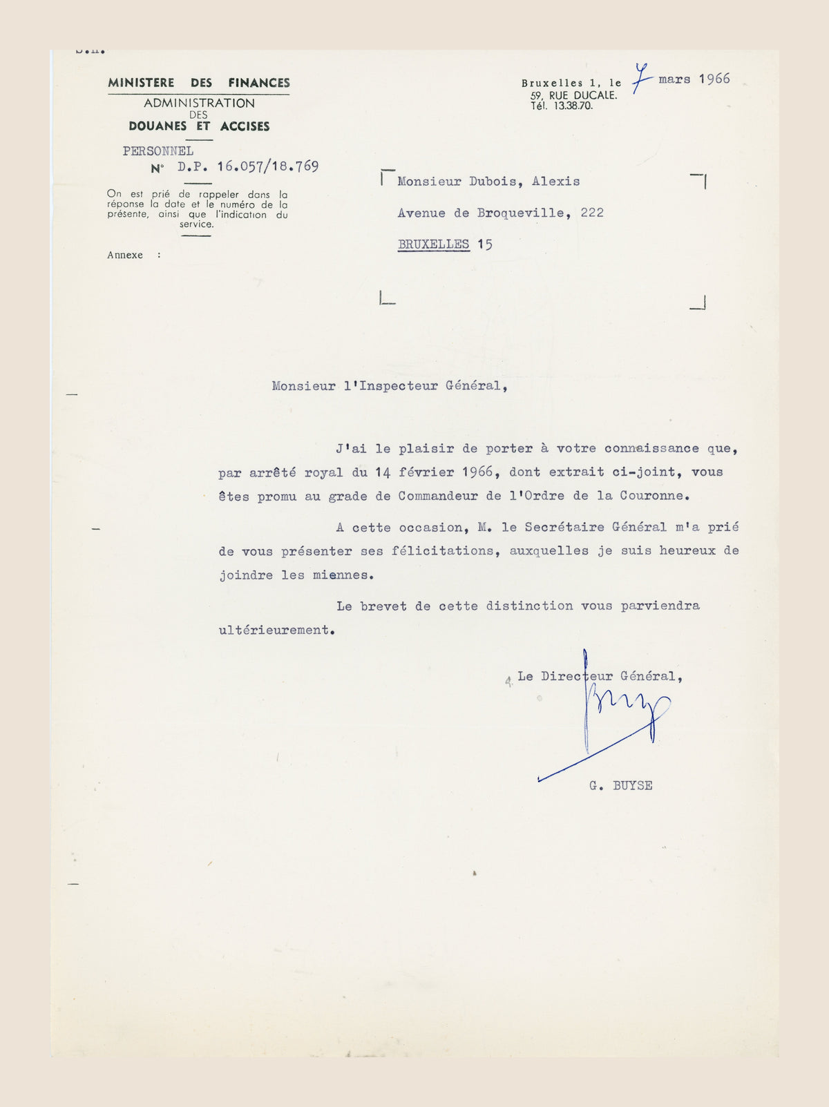 Belgian Customs letter dated 7 March 1966 informing Alexis Dubois of his Order of the Crown promotion