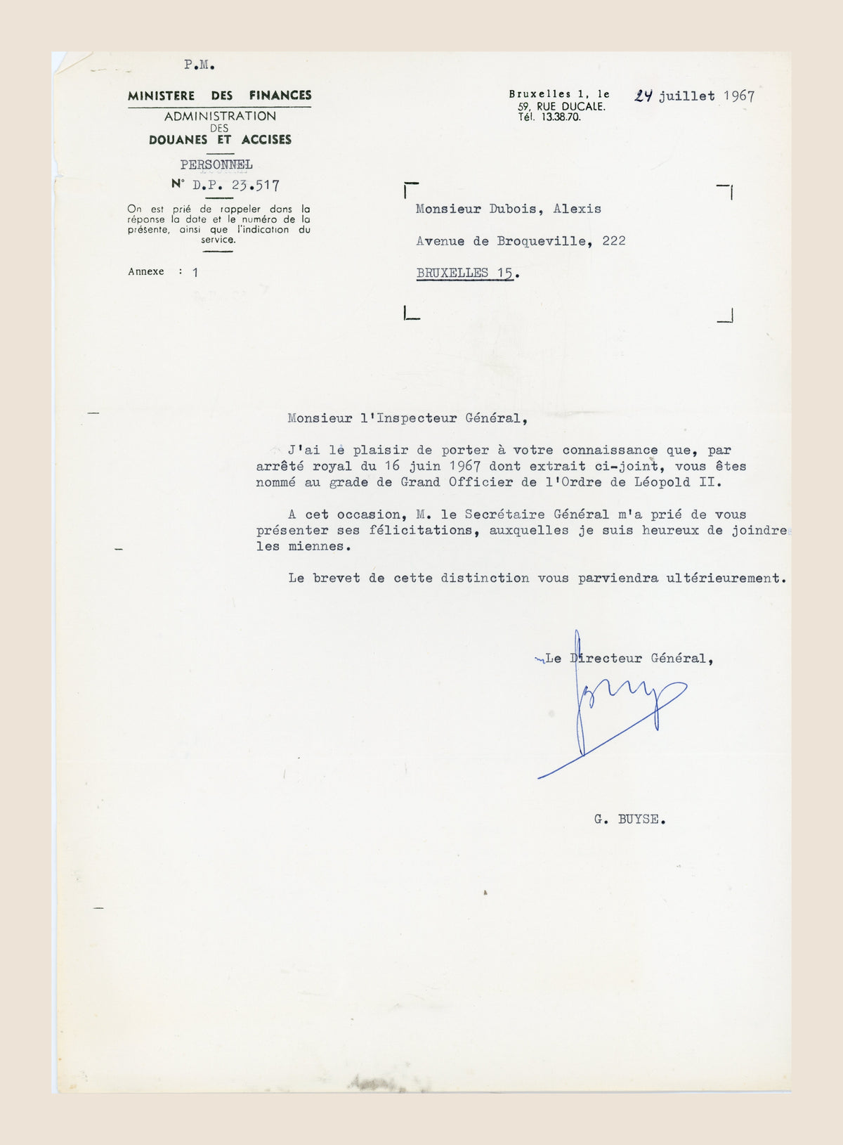 1967 Belgian Customs letter signed by G. Buyse confirming Alexis Dubois as Grand Officer of the Order of Leopold II