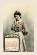 Hand-coloured Albert Bergeret Bureau de Placement antique postcard featuring a French housemaid in a pink dress, Nancy, early 1900s.