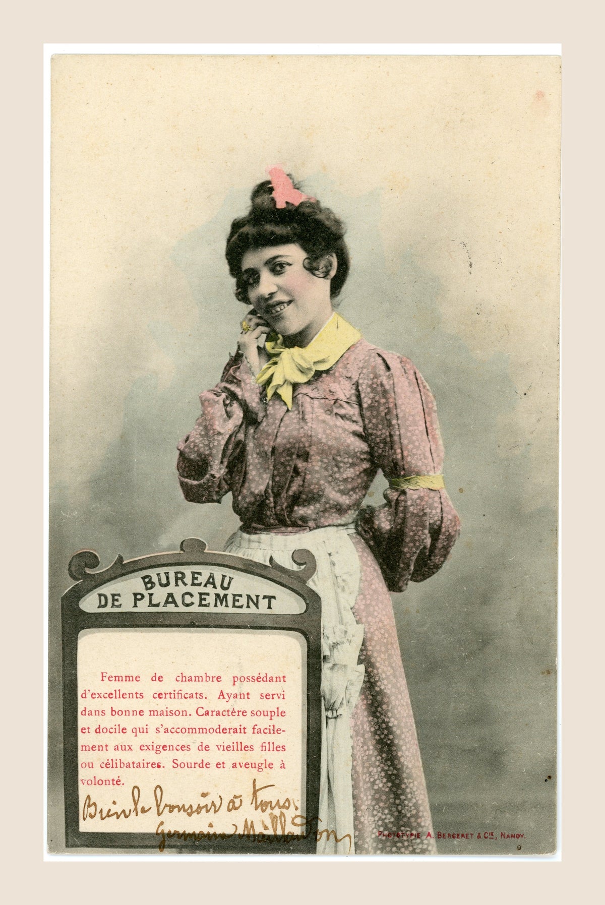 Hand-coloured Albert Bergeret Bureau de Placement antique postcard featuring a French housemaid in a pink dress, Nancy, early 1900s.