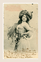 Antique Albert Bergeret Les 4 Saisons L'Été postcard showing a Belle Époque woman with decorative hat and sheaves of wheat, red poetry and handwritten message.