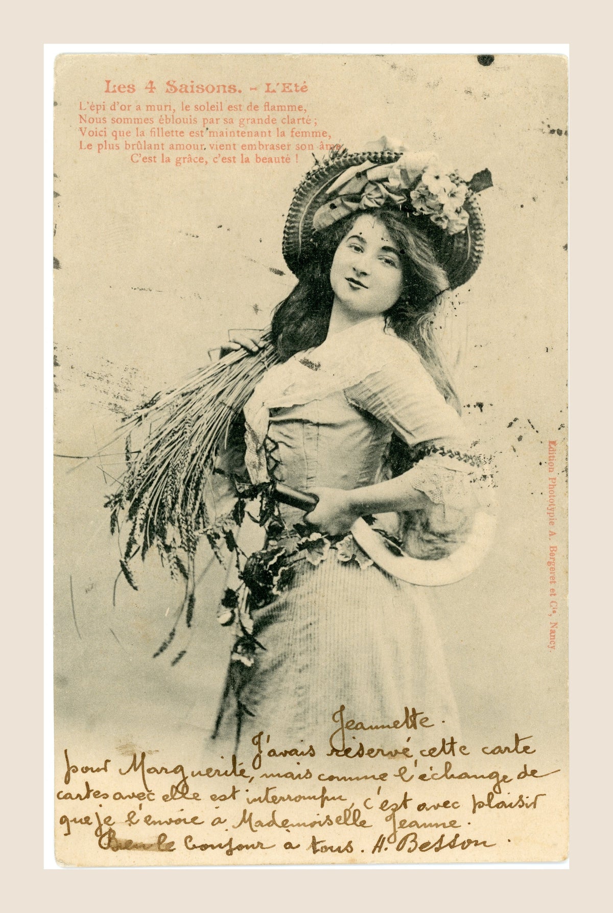 Antique Albert Bergeret Les 4 Saisons L'Été postcard showing a Belle Époque woman with decorative hat and sheaves of wheat, red poetry and handwritten message.