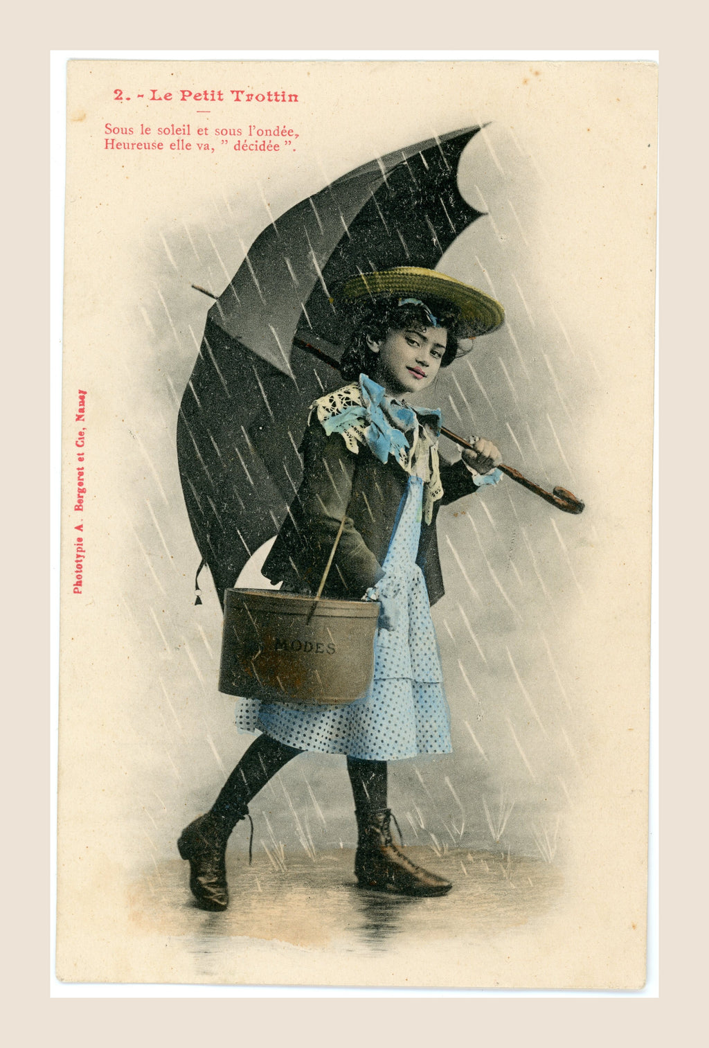 Unused reverse of antique French Bergeret Le Petit Trottin postcard number 2, showing original address lines and early 1900s paper patina.