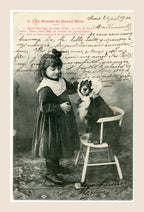 Antique Bergeret Le Bonnet de Grand'Mère postcard number 2 depicting a young girl dressing her dog in a grandmother's bonnet, with handwritten correspondence.