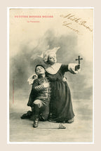 Albert Bergeret Petites Bonnes Sœurs La Protection antique postcard showing a girl dressed as a nun raising a crucifix beside a kneeling boy in uniform