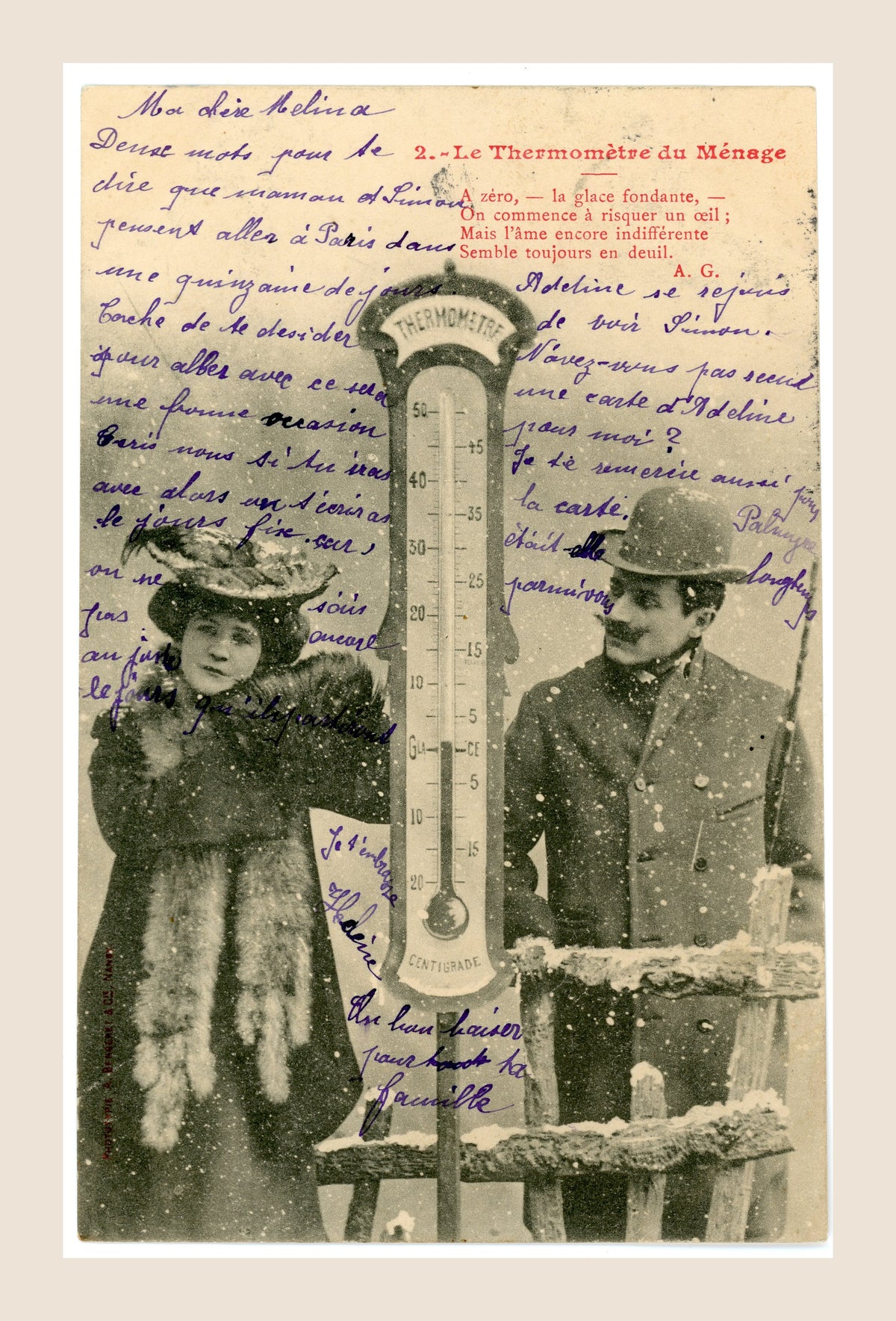 Le Thermomètre du Ménage No. 2, antique French humorous postcard showing a Belle Époque couple in falling snow beside a thermometer, with handwritten correspondence