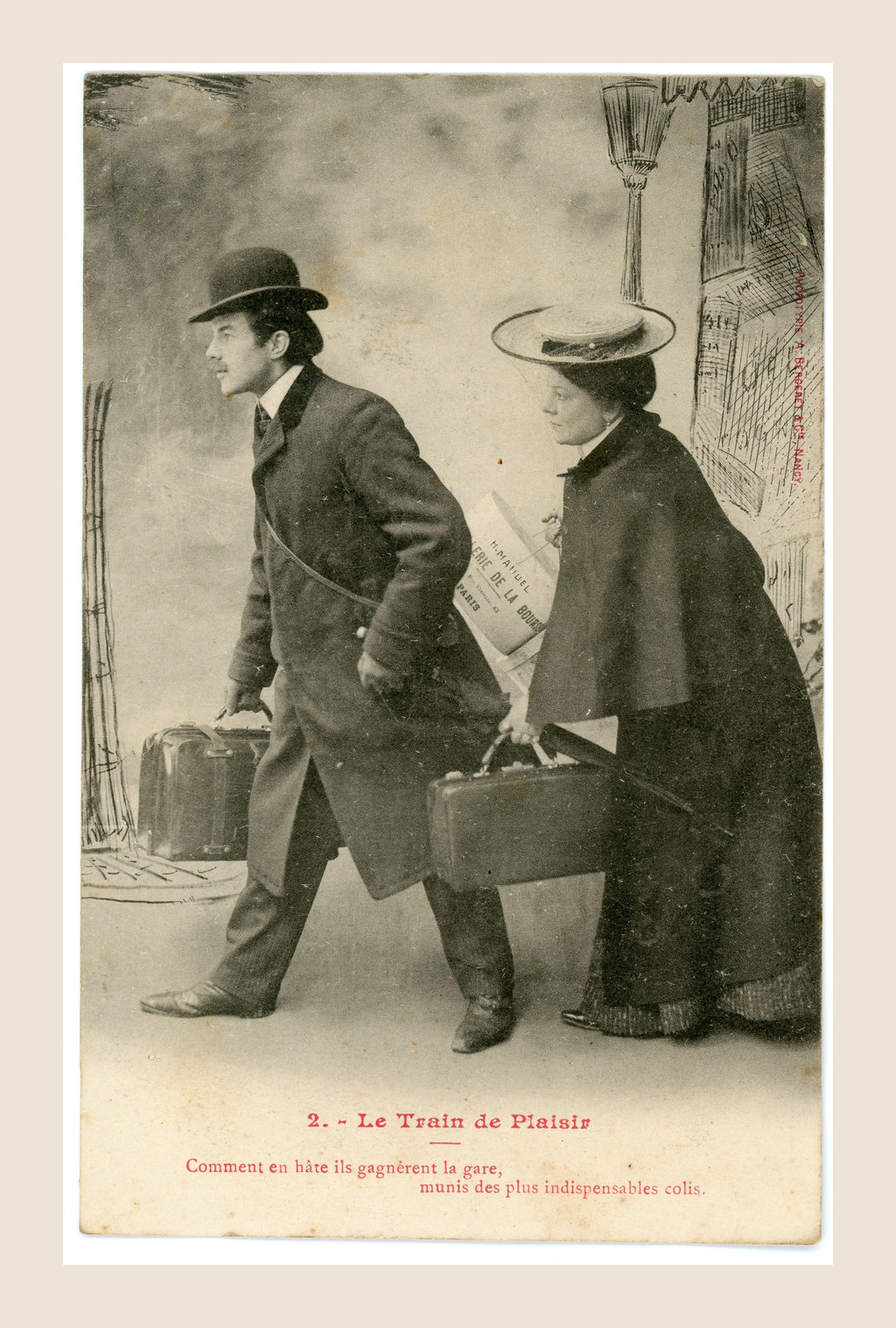 Antique French Bergeret postcard Le Train de Plaisir No. 2, Edwardian couple carrying luggage on their way to the train station.

 Copier