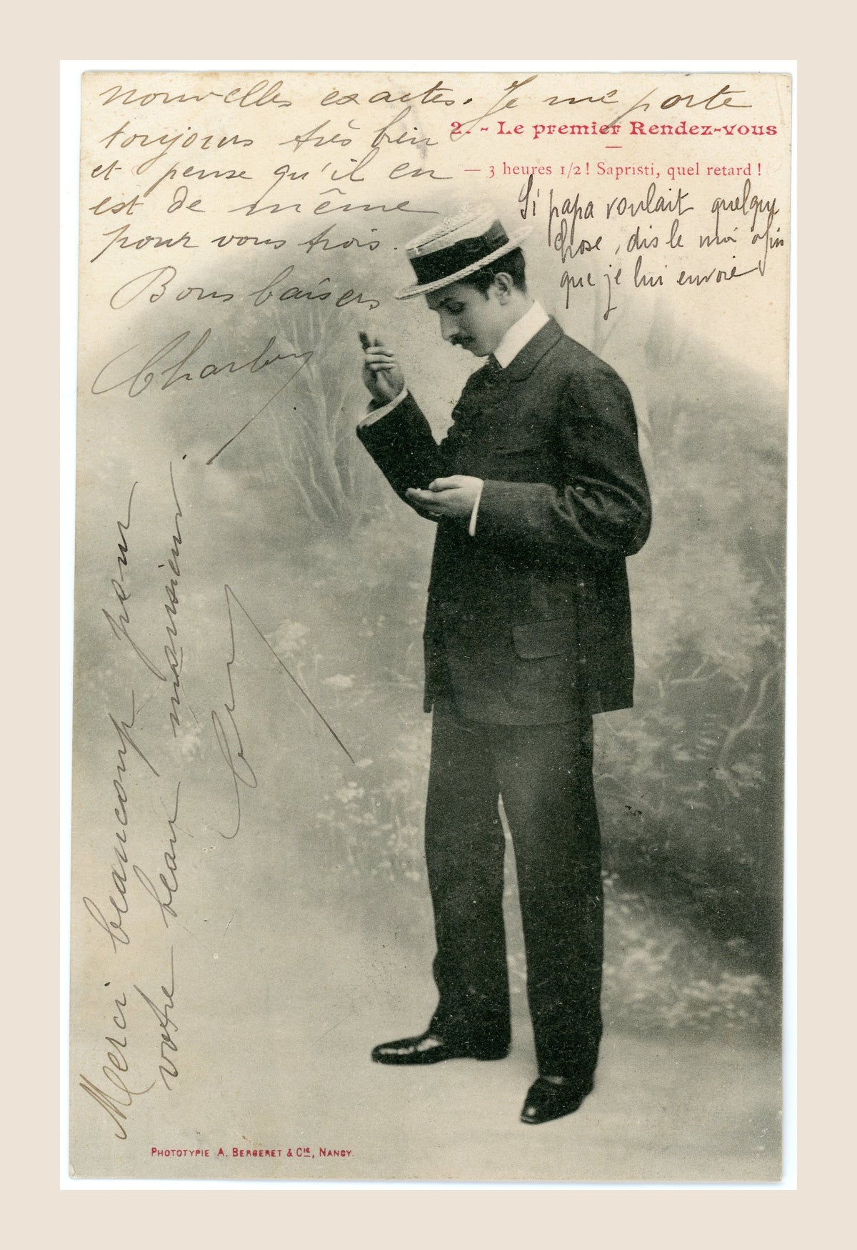 Original Albert Bergeret photographic postcard, Le Premier Rendez-vous No. 2, featuring an elegant Edwardian gentleman checking his pocket watch while waiting for a romantic meeting, with antique handwritten messages, France, circa 1905.