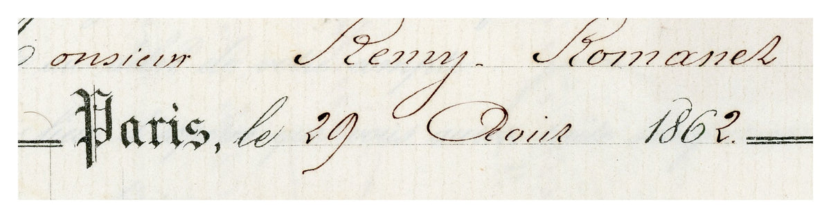 Close-up of handwritten Paris date on Maison Groult commercial document, August 1862