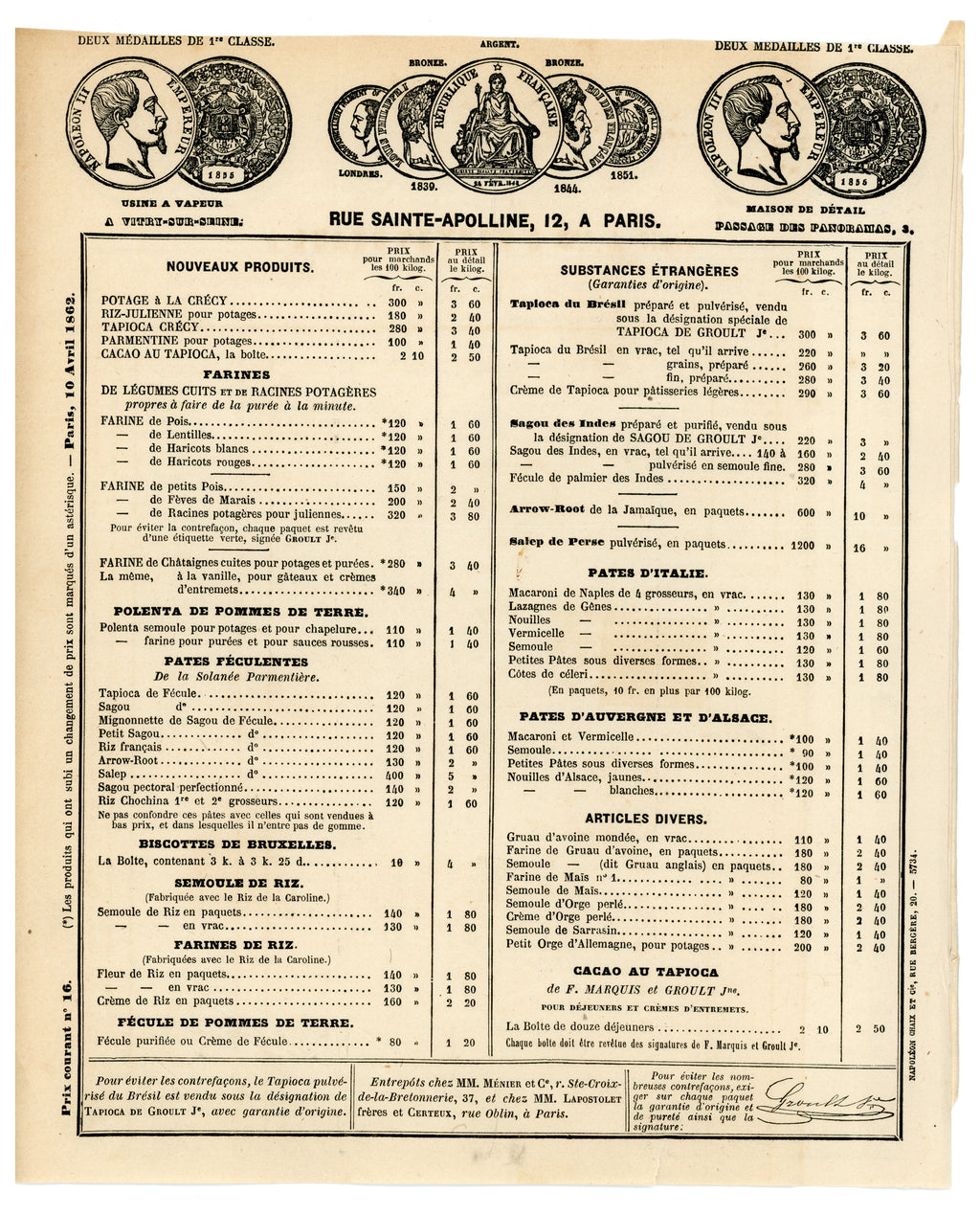 1862 Maison Groult illustrated food price list for pasta, flour and specialty products, Paris
