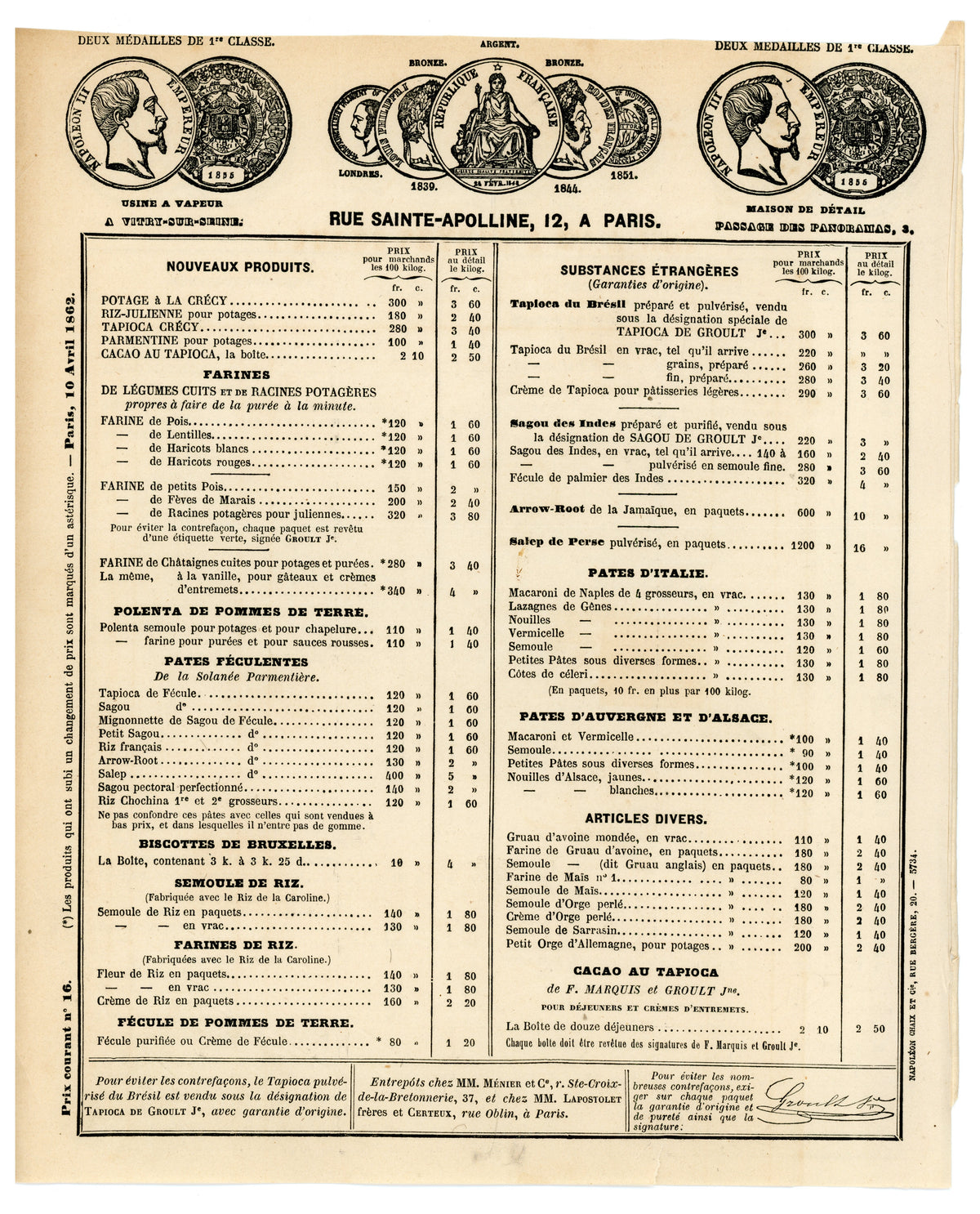 1862 Maison Groult illustrated food price list for pasta, flour and specialty products, Paris