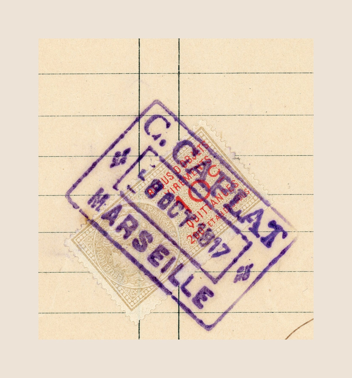 Purple French fiscal stamp on Minoterie de la Méditerranée invoice, 1917