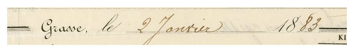 Close-up of handwritten entries on antique French confectionery invoice, 1883