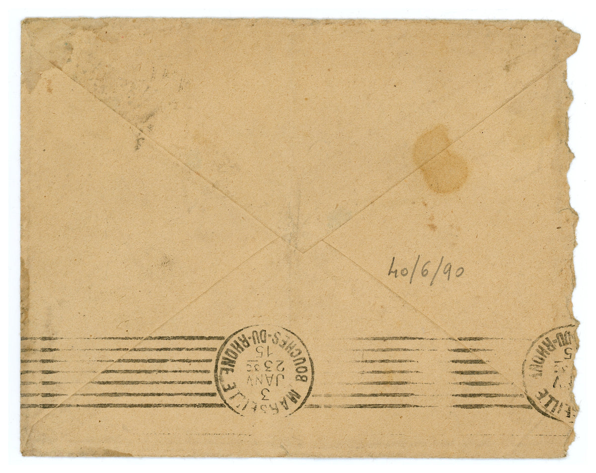 Reverse of antique French envelope with postal markings, 1915