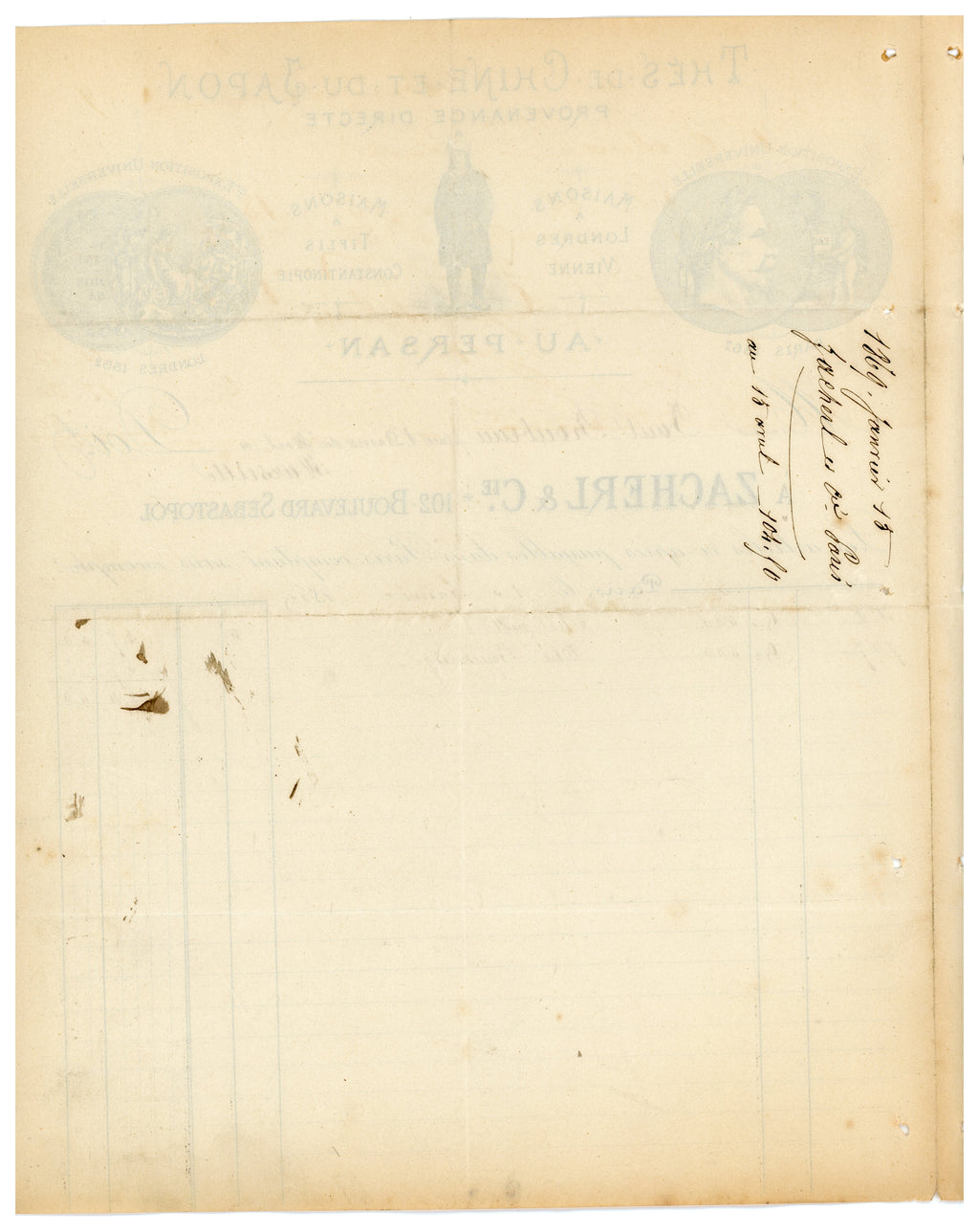 Reverse of antique J. Zacherl & Cie commercial tea correspondence, Paris 1869
