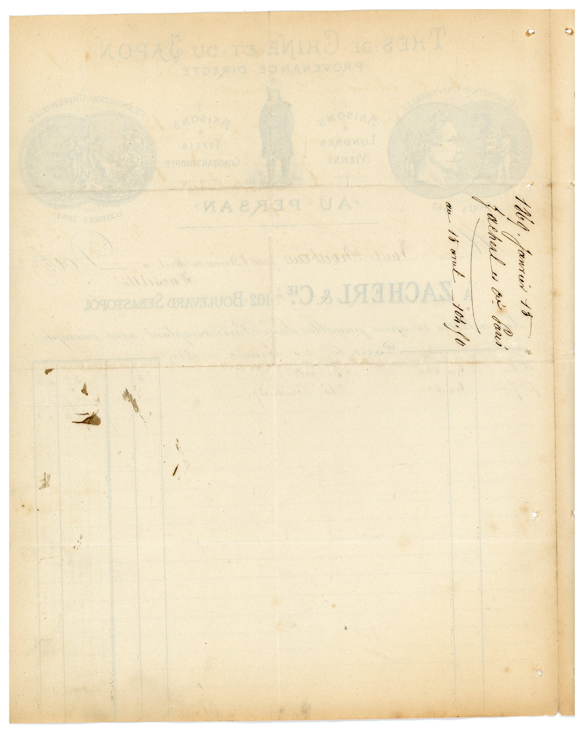 Reverse of antique J. Zacherl & Cie commercial tea correspondence, Paris 1869