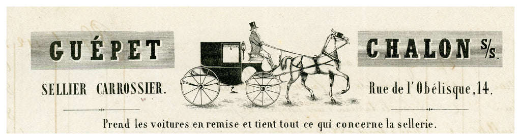 Illustrated horse-drawn carriage letterhead of Guépet, saddler and coachbuilder