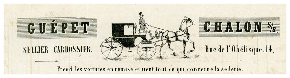 Illustrated horse-drawn carriage letterhead of Guépet, saddler and coachbuilder