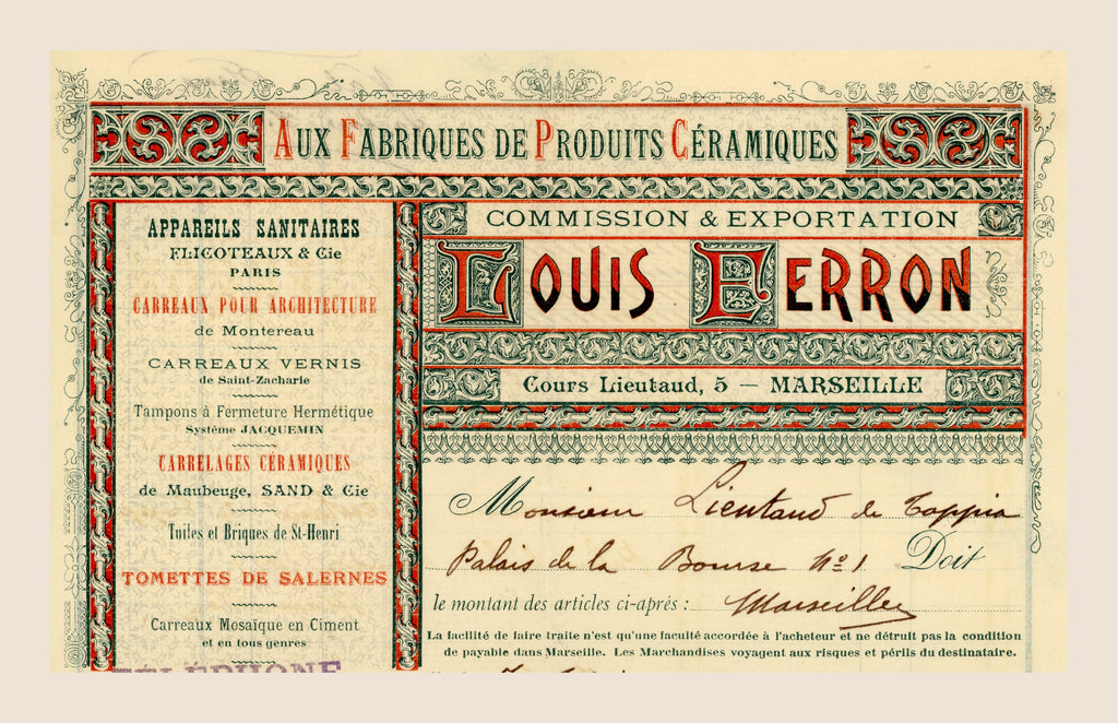 Polychrome Louis Perron ceramic products letterhead, Marseille 1898