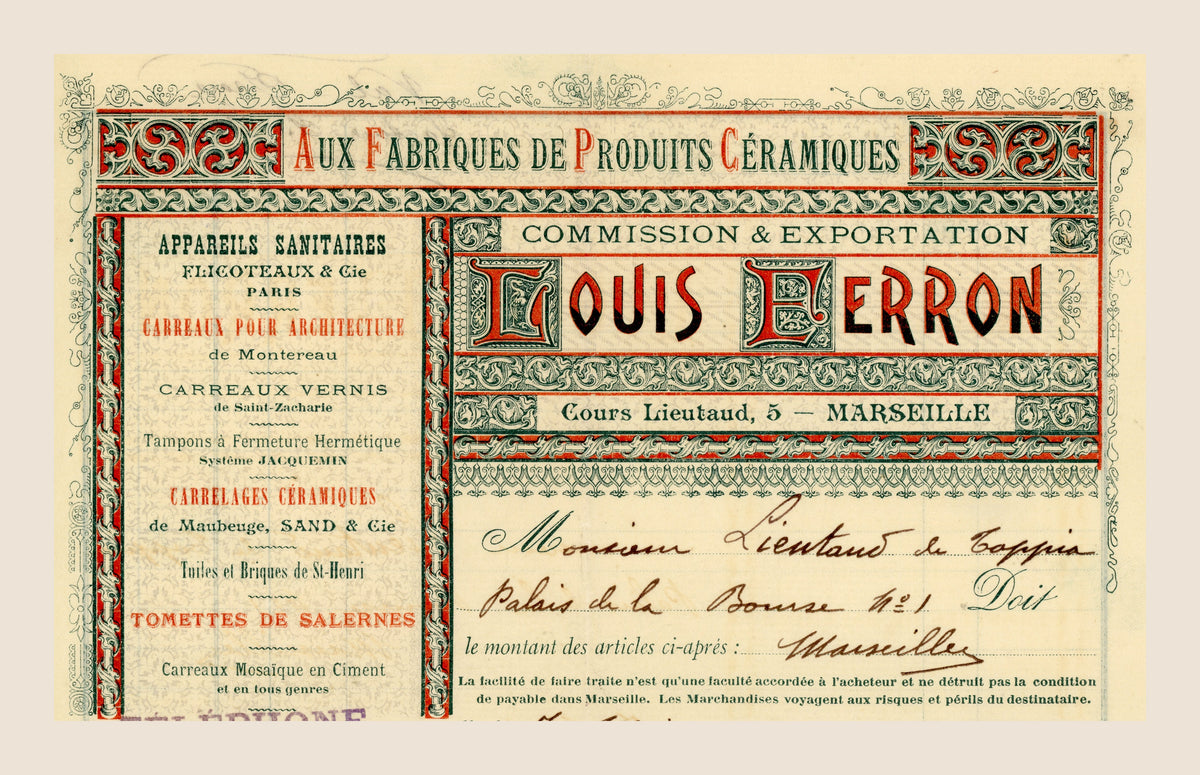 Polychrome Louis Perron ceramic products letterhead, Marseille 1898