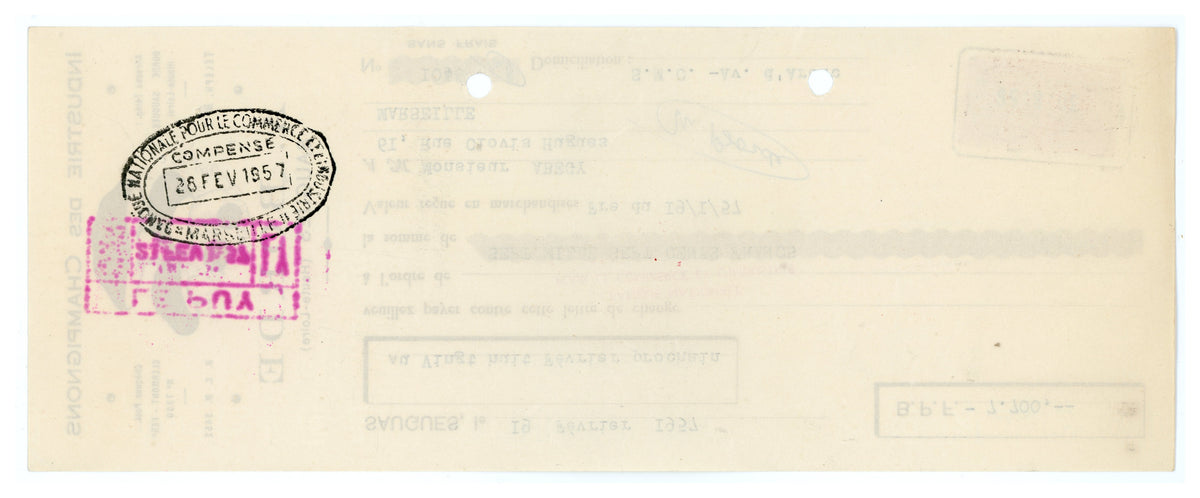 Reverse of French bill of exchange with fiscal markings, 1957