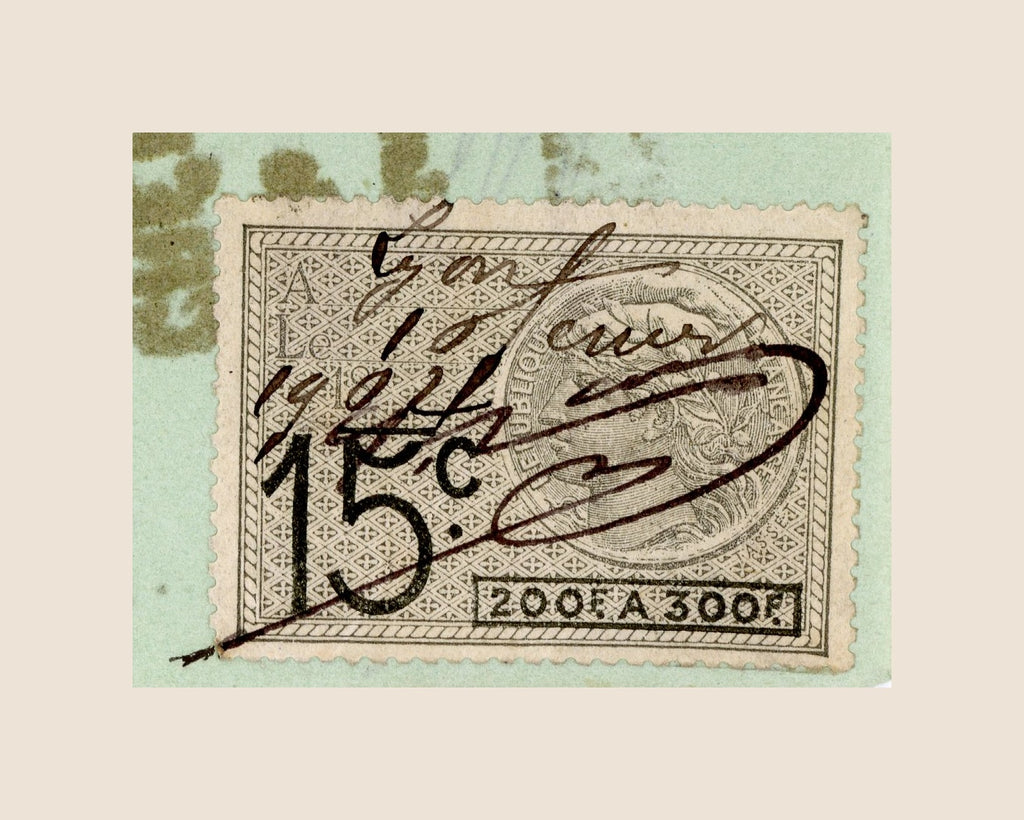 Close-up of original 15-centime French fiscal stamp on a 1902 Lyon bill of exchange