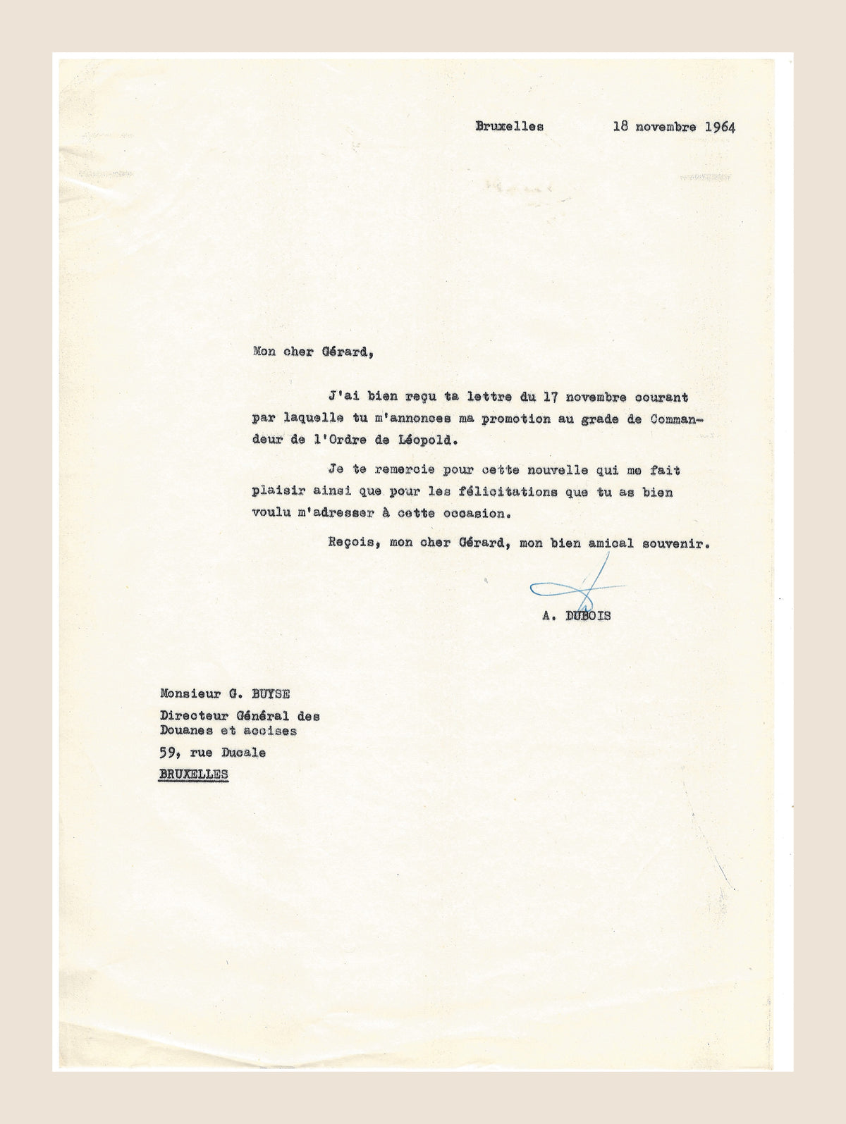 Personal typed letter from Alexis Dubois to Gérard Buyse thanking him for the news of his promotion, Brussels, 18 November 1964
