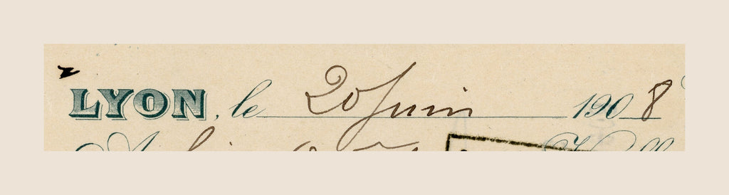 Close-up of handwritten 20 June 1908 date on antique French bill of exchange from Lyon