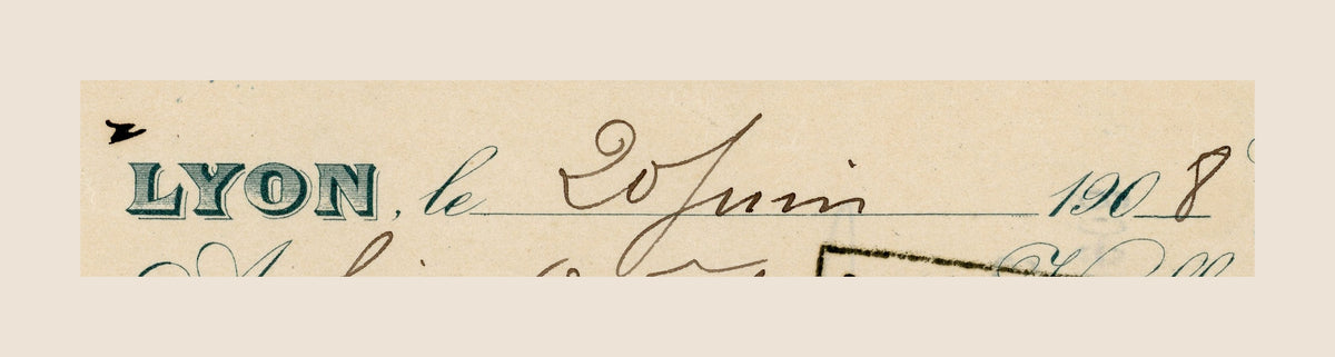 Close-up of handwritten 20 June 1908 date on antique French bill of exchange from Lyon