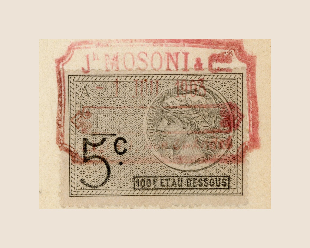 Close-up of original 5 centimes French fiscal stamp on 1903 J.H. Mosoni & Cie bill of exchange