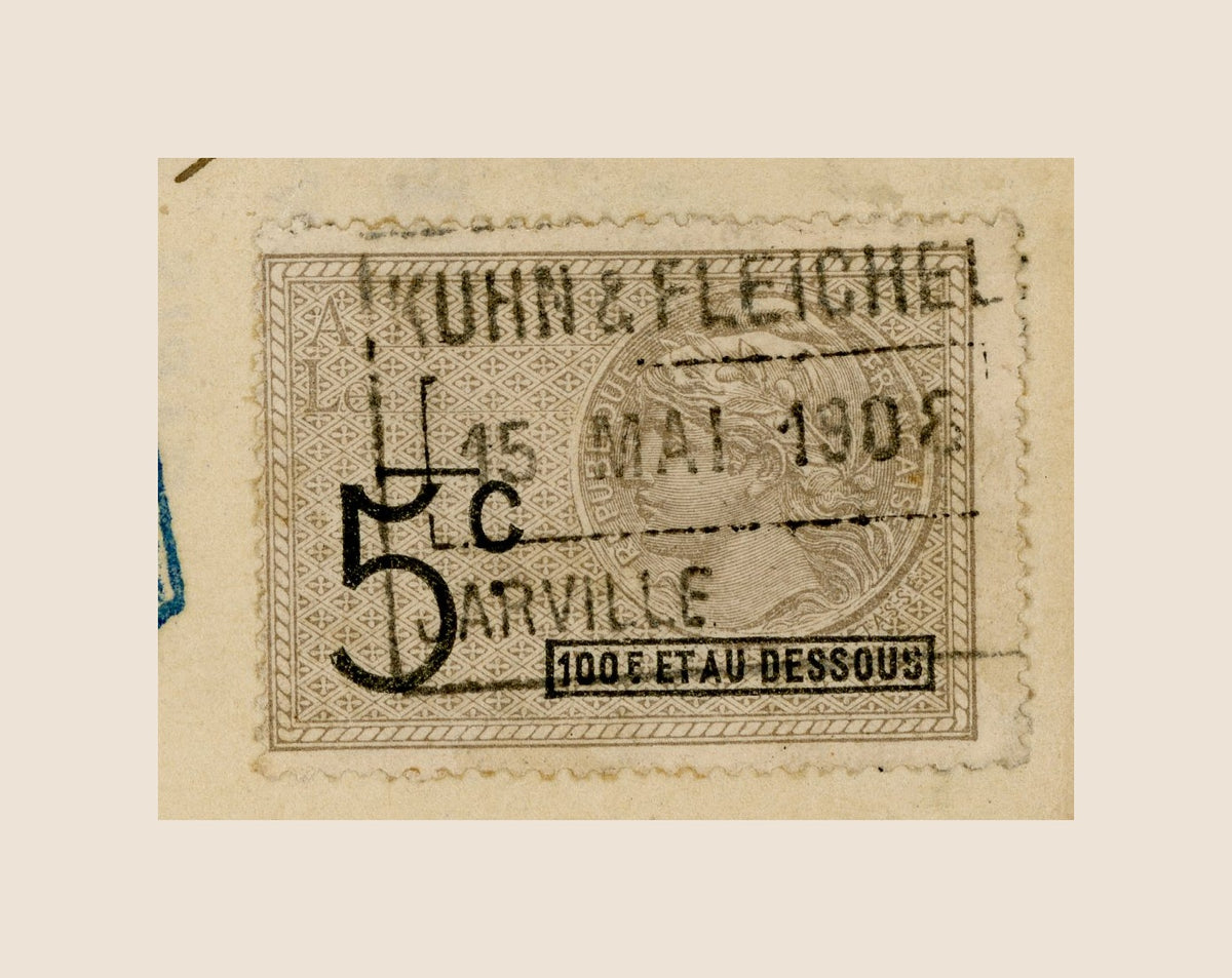 Detail of original 5-centime French fiscal stamp on 1908 Kuhn & Fleichel bill of exchange