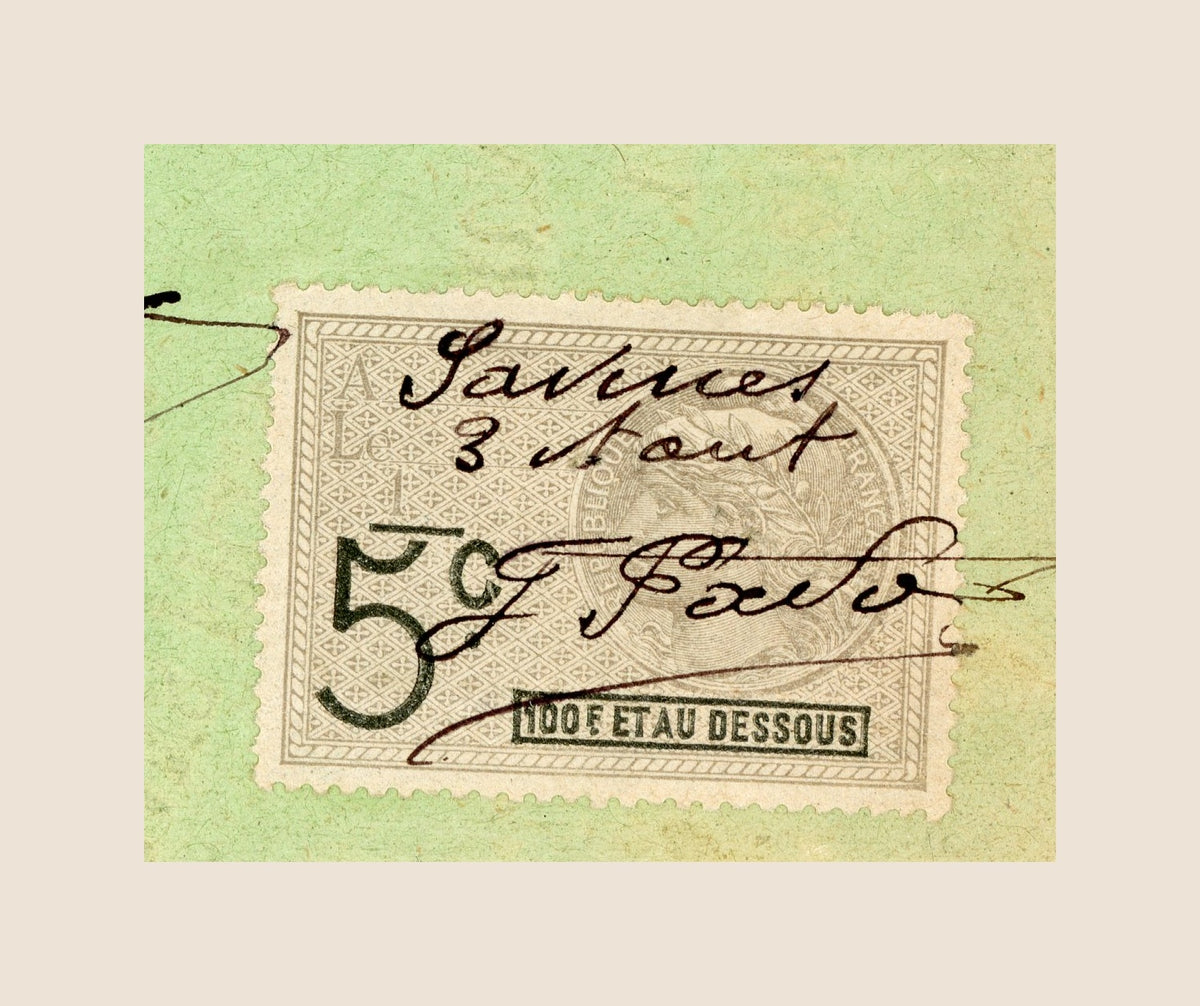 Close-up of the 5-centime French fiscal stamp attached to the 1909 bill of exchange.