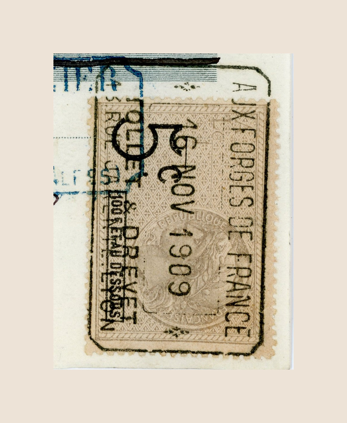 Original French 5 centimes fiscal stamp on 1909 antique bill of exchange from Lyon