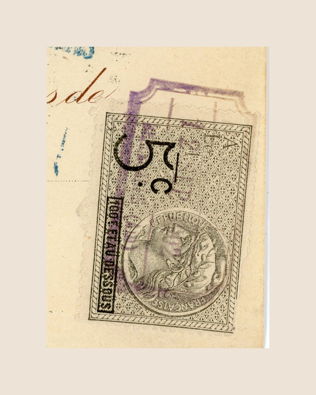 Close-up of original 5 centimes French fiscal stamp on 1902 antique bill of exchange document