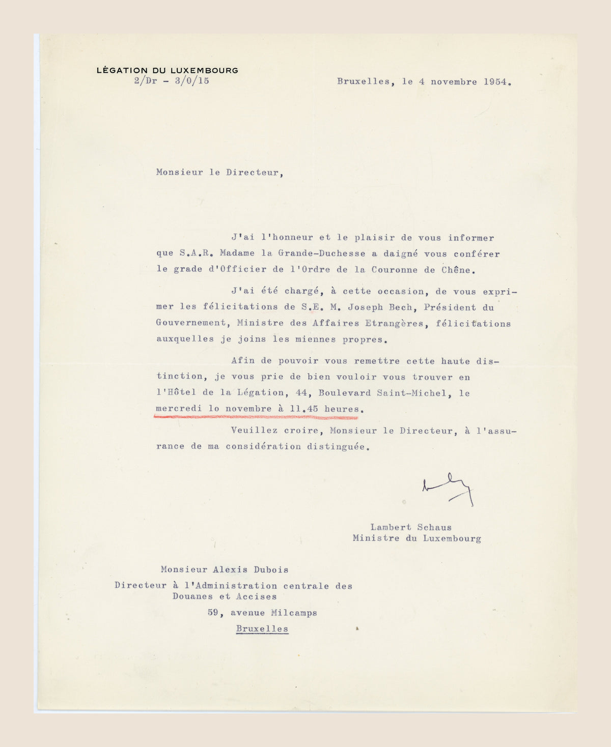 Luxembourg Legation letter signed by Lambert Schaus inviting Alexis Dubois to receive the Order of the Oak Crown, 4 November 1954